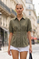 DART DETAIL SHORT STEEVE BUTTON DOWN BLOUSE