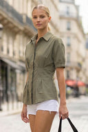 DART DETAIL SHORT STEEVE BUTTON DOWN BLOUSE
