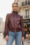 JULIETTE YOKE SMOCKED FAUX LEATHER JACKET