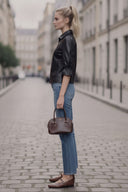CELINE FAUX LEATHER 3/4 SLEEVE ZIP UP JACKET