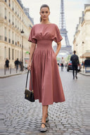 WAIST SMOCKED MIDI DRESS