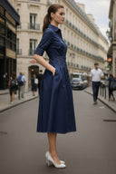 Contrast Stitch Pleated Midi Shirt Dress