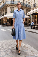 Contrast Stitch Pleated Midi Shirt Dress