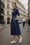 Contrast Stitch Pleated Midi Shirt Dress