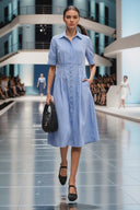 Contrast Stitch Pleated Midi Shirt Dress